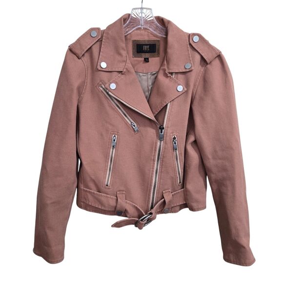 Frye Womens Moto Motorcycle Jacket Size Small Mauve Clay Canvas Denim Urban Boho - Picture 1 of 11